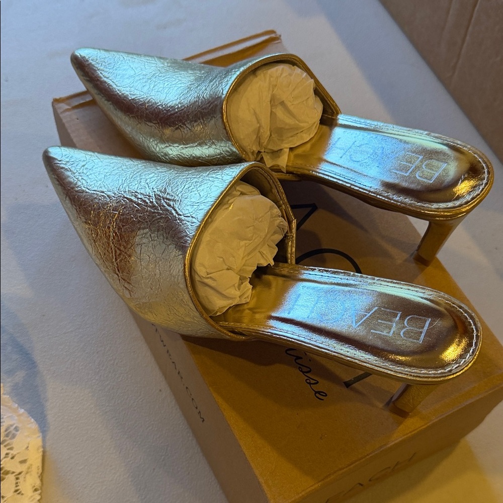 BEACH Gold Metallic Pointed-Toe Mule Heels